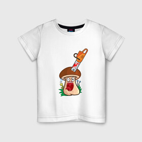 Детская футболка хлопок с принтом Испуганный в Екатеринбурге, 100% хлопок | круглый вырез горловины, полуприлегающий силуэт, длина до линии бедер | horror | mushroom | бензопила | гриб | мультяшка | смайл | ужас | хоррор