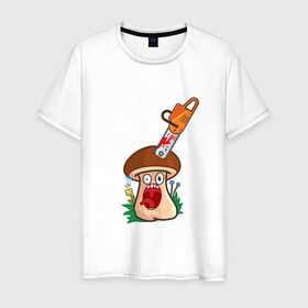 Мужская футболка хлопок с принтом Испуганный в Екатеринбурге, 100% хлопок | прямой крой, круглый вырез горловины, длина до линии бедер, слегка спущенное плечо. | horror | mushroom | бензопила | гриб | мультяшка | смайл | ужас | хоррор