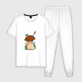 Мужская пижама хлопок с принтом Недовольный в Екатеринбурге, 100% хлопок | брюки и футболка прямого кроя, без карманов, на брюках мягкая резинка на поясе и по низу штанин
 | evil | mushroom | гриб | злой | мультяшка | недовольный | сердитый | смайл
