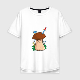 Мужская футболка хлопок Oversize с принтом Недовольный в Екатеринбурге, 100% хлопок | свободный крой, круглый ворот, “спинка” длиннее передней части | Тематика изображения на принте: evil | mushroom | гриб | злой | мультяшка | недовольный | сердитый | смайл