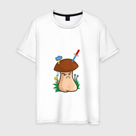 Мужская футболка хлопок с принтом Недовольный в Екатеринбурге, 100% хлопок | прямой крой, круглый вырез горловины, длина до линии бедер, слегка спущенное плечо. | evil | mushroom | гриб | злой | мультяшка | недовольный | сердитый | смайл