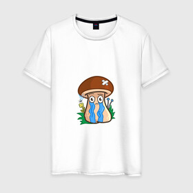 Мужская футболка хлопок с принтом Плачь в Екатеринбурге, 100% хлопок | прямой крой, круглый вырез горловины, длина до линии бедер, слегка спущенное плечо. | mushroom | гриб | мультяшка | обида | плачь | расстроенный | реветь | слезы | смайл