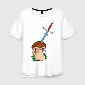 Мужская футболка хлопок Oversize с принтом Романтик в Екатеринбурге, 100% хлопок | свободный крой, круглый ворот, “спинка” длиннее передней части | mushroom | гриб | меч | мультяшка | поцелуй | романтик | рыцарь | сердечко | смайл