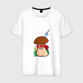 Мужская футболка хлопок с принтом Рафаэль в Екатеринбурге, 100% хлопок | прямой крой, круглый вырез горловины, длина до линии бедер, слегка спущенное плечо. | mushroom | гриб | мультяшка | ниндзя | повязка | рафаэль | сай | смайл