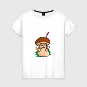 Женская футболка хлопок с принтом Дерзкий в Екатеринбурге, 100% хлопок | прямой крой, круглый вырез горловины, длина до линии бедер, слегка спущенное плечо | mushroom | агрессивный | бабочка | гангстер | гриб | дерзкий | мультяшка | нож | смайл