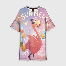 Детское платье 3D с принтом Летний фламинго в Екатеринбурге, 100% полиэстер | прямой силуэт, чуть расширенный к низу. Круглая горловина, на рукавах — воланы | Тематика изображения на принте: bird | summer | лето | птицы | розовый | фламинго