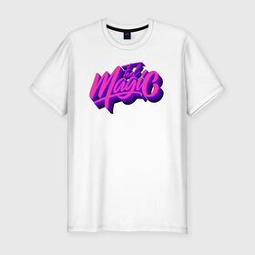 Мужская футболка хлопок Slim с принтом Feel Magic  в Екатеринбурге, 92% хлопок, 8% лайкра | приталенный силуэт, круглый вырез ворота, длина до линии бедра, короткий рукав | каллиграфия | леттеринг | логотип | неон | объём | почувствуй магию | розовый | тени | фиолетовый