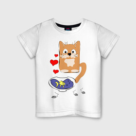 Детская футболка хлопок с принтом Рыжий кот в Екатеринбурге, 100% хлопок | круглый вырез горловины, полуприлегающий силуэт, длина до линии бедер | животные | кот | мышка | рыбка | сердца