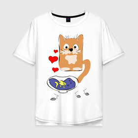 Мужская футболка хлопок Oversize с принтом Рыжий кот в Екатеринбурге, 100% хлопок | свободный крой, круглый ворот, “спинка” длиннее передней части | животные | кот | мышка | рыбка | сердца