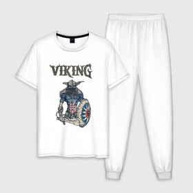 Мужская пижама хлопок с принтом Викинг | Viking | Воин (Z) в Екатеринбурге, 100% хлопок | брюки и футболка прямого кроя, без карманов, на брюках мягкая резинка на поясе и по низу штанин
 | scandinavian | skull | valhala | valhalla | viking | vikings | warriros | вальхала | викинг | воин | скандинавия | скандинавская мифология | череп