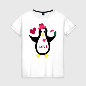 Женская футболка хлопок с принтом Влюбленный пингвин в Екатеринбурге, 100% хлопок | прямой крой, круглый вырез горловины, длина до линии бедер, слегка спущенное плечо | животные | кавайи | любовь | надпись на английском | сердца | цветы