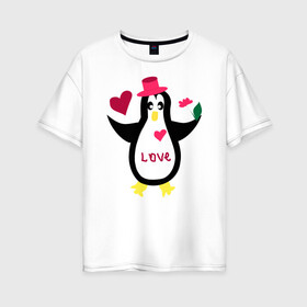 Женская футболка хлопок Oversize с принтом Влюбленный пингвин в Екатеринбурге, 100% хлопок | свободный крой, круглый ворот, спущенный рукав, длина до линии бедер
 | животные | кавайи | любовь | надпись на английском | сердца | цветы