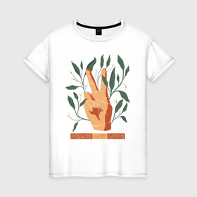 Женская футболка хлопок с принтом Мир и любовь в Екатеринбурге, 100% хлопок | прямой крой, круглый вырез горловины, длина до линии бедер, слегка спущенное плечо | love | peace | любовь | мир | мир и любовь | растения | текст | цветы | цитата