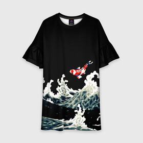 Детское платье 3D с принтом Карп Кои Волна Япония Рыба  в Екатеринбурге, 100% полиэстер | прямой силуэт, чуть расширенный к низу. Круглая горловина, на рукавах — воланы | fish | japan | koi | ocean | sea | style | waves | аниме | вода | волны | животные | иероглифы | карпы | кои | культура | море | надпись | океан | рыбы | стиль | япония