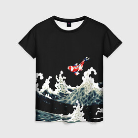 Женская футболка 3D с принтом Карп Кои Волна Япония Рыба  в Екатеринбурге, 100% полиэфир ( синтетическое хлопкоподобное полотно) | прямой крой, круглый вырез горловины, длина до линии бедер | fish | japan | koi | ocean | sea | style | waves | аниме | вода | волны | животные | иероглифы | карпы | кои | культура | море | надпись | океан | рыбы | стиль | япония