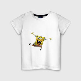 Детская футболка хлопок с принтом СПАНЧ БОБ в Екатеринбурге, 100% хлопок | круглый вырез горловины, полуприлегающий силуэт, длина до линии бедер | губка боб | желтый | квадратные штаны | мультфильм | смайлик. | спанч боб