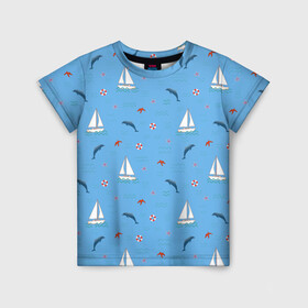 Детская футболка 3D с принтом Море, дельфины, парусник в Екатеринбурге, 100% гипоаллергенный полиэфир | прямой крой, круглый вырез горловины, длина до линии бедер, чуть спущенное плечо, ткань немного тянется | Тематика изображения на принте: boat | dolphins | lifebuoy | marine | ocean | sea | southern | starfish | summer | vacation | waves | волны | корабль | лето | лодка | морская звезда | морской | обитатели | океан | отдых | пейзаж | плавание | пляж | синий | спасательный круг | 