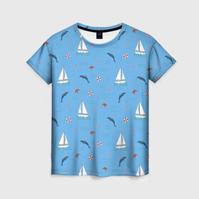 Женская футболка 3D с принтом Море, дельфины, парусник в Екатеринбурге, 100% полиэфир ( синтетическое хлопкоподобное полотно) | прямой крой, круглый вырез горловины, длина до линии бедер | boat | dolphins | lifebuoy | marine | ocean | sea | southern | starfish | summer | vacation | waves | волны | корабль | лето | лодка | морская звезда | морской | обитатели | океан | отдых | пейзаж | плавание | пляж | синий | спасательный круг | 