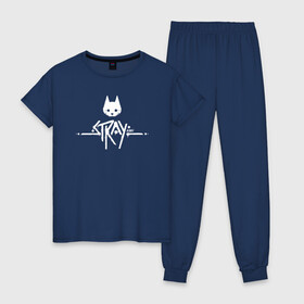 Женская пижама хлопок с принтом Stray Game 2021 Logo в Екатеринбурге, 100% хлопок | брюки и футболка прямого кроя, без карманов, на брюках мягкая резинка на поясе и по низу штанин | 2021 | cat | cyberpunk | game | stray | бродилка | бродить | бродячий | киберпанк | кот | стрей | стрэй
