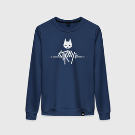 Женский свитшот хлопок с принтом Stray Game 2021 Logo в Екатеринбурге, 100% хлопок | прямой крой, круглый вырез, на манжетах и по низу широкая трикотажная резинка  | 2021 | cat | cyberpunk | game | stray | бродилка | бродить | бродячий | киберпанк | кот | стрей | стрэй