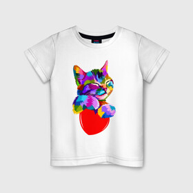 Детская футболка хлопок с принтом РАДУЖНЫЙ КОТИК / RAINBOW KITTY в Екатеринбурге, 100% хлопок | круглый вырез горловины, полуприлегающий силуэт, длина до линии бедер | heart | kitty | like | low poly | rainbow | животные | звери | котик | лайк | радуга | радужный котик | сердечко | цветные