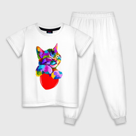 Детская пижама хлопок с принтом РАДУЖНЫЙ КОТИК / RAINBOW KITTY в Екатеринбурге, 100% хлопок |  брюки и футболка прямого кроя, без карманов, на брюках мягкая резинка на поясе и по низу штанин
 | Тематика изображения на принте: heart | kitty | like | low poly | rainbow | животные | звери | котик | лайк | радуга | радужный котик | сердечко | цветные