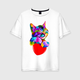 Женская футболка хлопок Oversize с принтом РАДУЖНЫЙ КОТИК / RAINBOW KITTY в Екатеринбурге, 100% хлопок | свободный крой, круглый ворот, спущенный рукав, длина до линии бедер
 | heart | kitty | like | low poly | rainbow | животные | звери | котик | лайк | радуга | радужный котик | сердечко | цветные