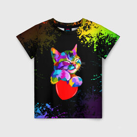 Детская футболка 3D с принтом РАДУЖНЫЙ КОТИК / RAINBOW KITTY в Екатеринбурге, 100% гипоаллергенный полиэфир | прямой крой, круглый вырез горловины, длина до линии бедер, чуть спущенное плечо, ткань немного тянется | heart | kitty | like | low poly | rainbow | животные | звери | котик | лайк | радуга | радужный котик | сердечко | цветные