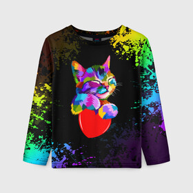 Детский лонгслив 3D с принтом РАДУЖНЫЙ КОТИК / RAINBOW KITTY в Екатеринбурге, 100% полиэстер | длинные рукава, круглый вырез горловины, полуприлегающий силуэт
 | heart | kitty | like | low poly | rainbow | животные | звери | котик | лайк | радуга | радужный котик | сердечко | цветные