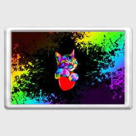 Магнит 45*70 с принтом РАДУЖНЫЙ КОТИК / RAINBOW KITTY в Екатеринбурге, Пластик | Размер: 78*52 мм; Размер печати: 70*45 | heart | kitty | like | low poly | rainbow | животные | звери | котик | лайк | радуга | радужный котик | сердечко | цветные