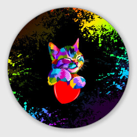 Коврик для мышки круглый с принтом РАДУЖНЫЙ КОТИК / RAINBOW KITTY в Екатеринбурге, резина и полиэстер | круглая форма, изображение наносится на всю лицевую часть | Тематика изображения на принте: heart | kitty | like | low poly | rainbow | животные | звери | котик | лайк | радуга | радужный котик | сердечко | цветные