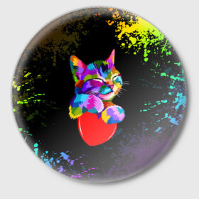Значок с принтом РАДУЖНЫЙ КОТИК / RAINBOW KITTY в Екатеринбурге,  металл | круглая форма, металлическая застежка в виде булавки | heart | kitty | like | low poly | rainbow | животные | звери | котик | лайк | радуга | радужный котик | сердечко | цветные