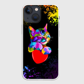 Чехол для iPhone 13 mini с принтом РАДУЖНЫЙ КОТИК   RAINBOW KITTY в Екатеринбурге,  |  | heart | kitty | like | low poly | rainbow | животные | звери | котик | лайк | радуга | радужный котик | сердечко | цветные