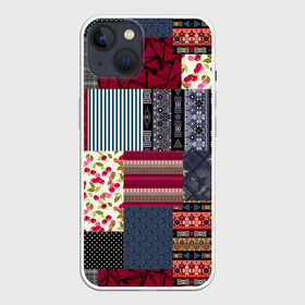 Чехол для iPhone 13 с принтом Деревенский стиль. Пэчворк. в Екатеринбурге,  |  | бордовый и черный | звезды | комбинированный | полосатый | полосатый узор | пэчворк | черный