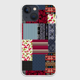 Чехол для iPhone 13 mini с принтом Деревенский стиль. Пэчворк. в Екатеринбурге,  |  | бордовый и черный | звезды | комбинированный | полосатый | полосатый узор | пэчворк | черный