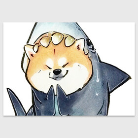 Поздравительная открытка с принтом Акуло-пёс в Екатеринбурге, 100% бумага | плотность бумаги 280 г/м2, матовая, на обратной стороне линовка и место для марки
 | Тематика изображения на принте: акита ину | акула | арт | костюм | пёс | рисунок | рыжая собака | рыжий пёс | сиба ину | собака