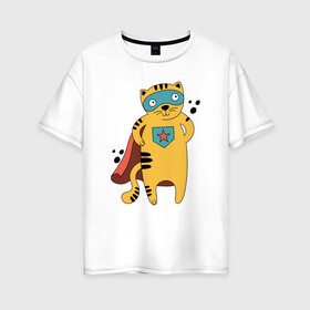 Женская футболка хлопок Oversize с принтом Кот Герой в Екатеринбурге, 100% хлопок | свободный крой, круглый ворот, спущенный рукав, длина до линии бедер
 | кот | кот в плаще | котэ | маска | супер герой | супер кот
