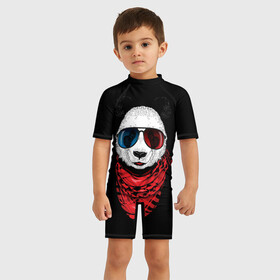 Детский купальный костюм 3D с принтом Панда Хипстер в Очках в Екатеринбурге, Полиэстер 85%, Спандекс 15% | застежка на молнии на спине | animal | funny | panda | животные | звери | милые | очки | панда | прикол | хипстер
