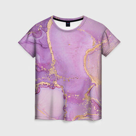 Женская футболка 3D с принтом Сиреневые разводы краски в Екатеринбурге, 100% полиэфир ( синтетическое хлопкоподобное полотно) | прямой крой, круглый вырез горловины, длина до линии бедер | абстракция | блестки | градиент | золото | разводы краски