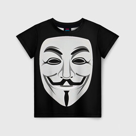 Детская футболка 3D с принтом Guy Fawkes в Екатеринбурге, 100% гипоаллергенный полиэфир | прямой крой, круглый вырез горловины, длина до линии бедер, чуть спущенное плечо, ткань немного тянется | белый | бородка | гай фокс | лицо | маска | усы | черный