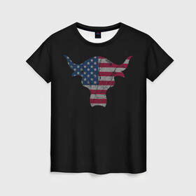 Женская футболка 3D с принтом The Bull в Екатеринбурге, 100% полиэфир ( синтетическое хлопкоподобное полотно) | прямой крой, круглый вырез горловины, длина до линии бедер | америка | белый | бык | звёзды | красный | полоски | рога | флаг