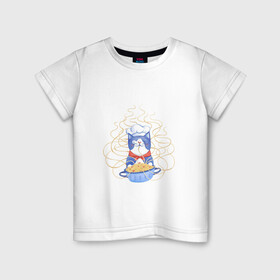 Детская футболка хлопок с принтом Котик-повар в Екатеринбурге, 100% хлопок | круглый вырез горловины, полуприлегающий силуэт, длина до линии бедер | арт | кот | котик | кошка | макароны | паста | повар | рисунок | спагетти