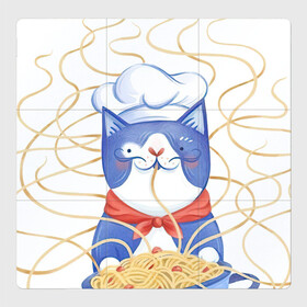 Магнитный плакат 3Х3 с принтом Котик-повар в Екатеринбурге, Полимерный материал с магнитным слоем | 9 деталей размером 9*9 см | арт | кот | котик | кошка | макароны | паста | повар | рисунок | спагетти