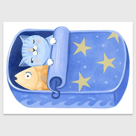 Поздравительная открытка с принтом Сладкие сны в Екатеринбурге, 100% бумага | плотность бумаги 280 г/м2, матовая, на обратной стороне линовка и место для марки
 | арт | звезда | звёзды | консервы | кот | котик | кошка | ночь | рисунок | рыба | рыбка | сны | сон | спокойной ночи