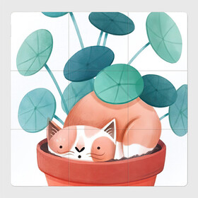 Магнитный плакат 3Х3 с принтом Котик и цветы в Екатеринбурге, Полимерный материал с магнитным слоем | 9 деталей размером 9*9 см | Тематика изображения на принте: арт | горшок | горшок с цветами | кот | котик | кошка | рисунок | рыжая кошечка | рыжая кошка | рыжий кот | рыжий котик