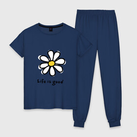 Женская пижама хлопок с принтом LIFE IS GOOD в Екатеринбурге, 100% хлопок | брюки и футболка прямого кроя, без карманов, на брюках мягкая резинка на поясе и по низу штанин | life is good | жизнь | растение | ромашка | цветок | цветочки