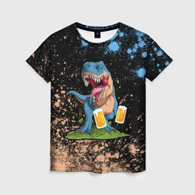 Женская футболка 3D с принтом Пивозавр - Краска в Екатеринбурге, 100% полиэфир ( синтетическое хлопкоподобное полотно) | прямой крой, круглый вырез горловины, длина до линии бедер | dinosaur | pivo | pivozavr | взрыв | динозавр | краска | прикол