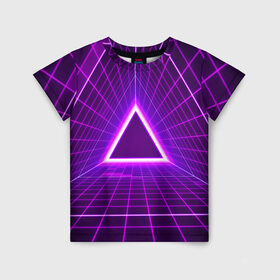 Детская футболка 3D с принтом Фон в стиле ретро 80-х в Екатеринбурге, 100% гипоаллергенный полиэфир | прямой крой, круглый вырез горловины, длина до линии бедер, чуть спущенное плечо, ткань немного тянется | дискотека | музыка | огни треугольной сетки | технологии | фанки | форма треугольника