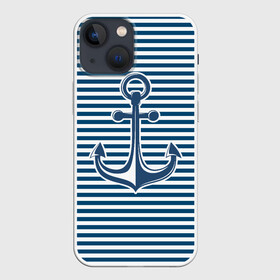Чехол для iPhone 13 mini с принтом Тельняшка с якорем в Екатеринбурге,  |  | anchor | marine | vest | vest with anchor | морская | тельняшка | тельняшка с якорем | якорь