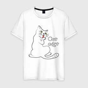 Мужская футболка хлопок с принтом Белая кошка в Екатеринбурге, 100% хлопок | прямой крой, круглый вырез горловины, длина до линии бедер, слегка спущенное плечо. | cat | cat art | звери | кот | котенок | котик | кошка
